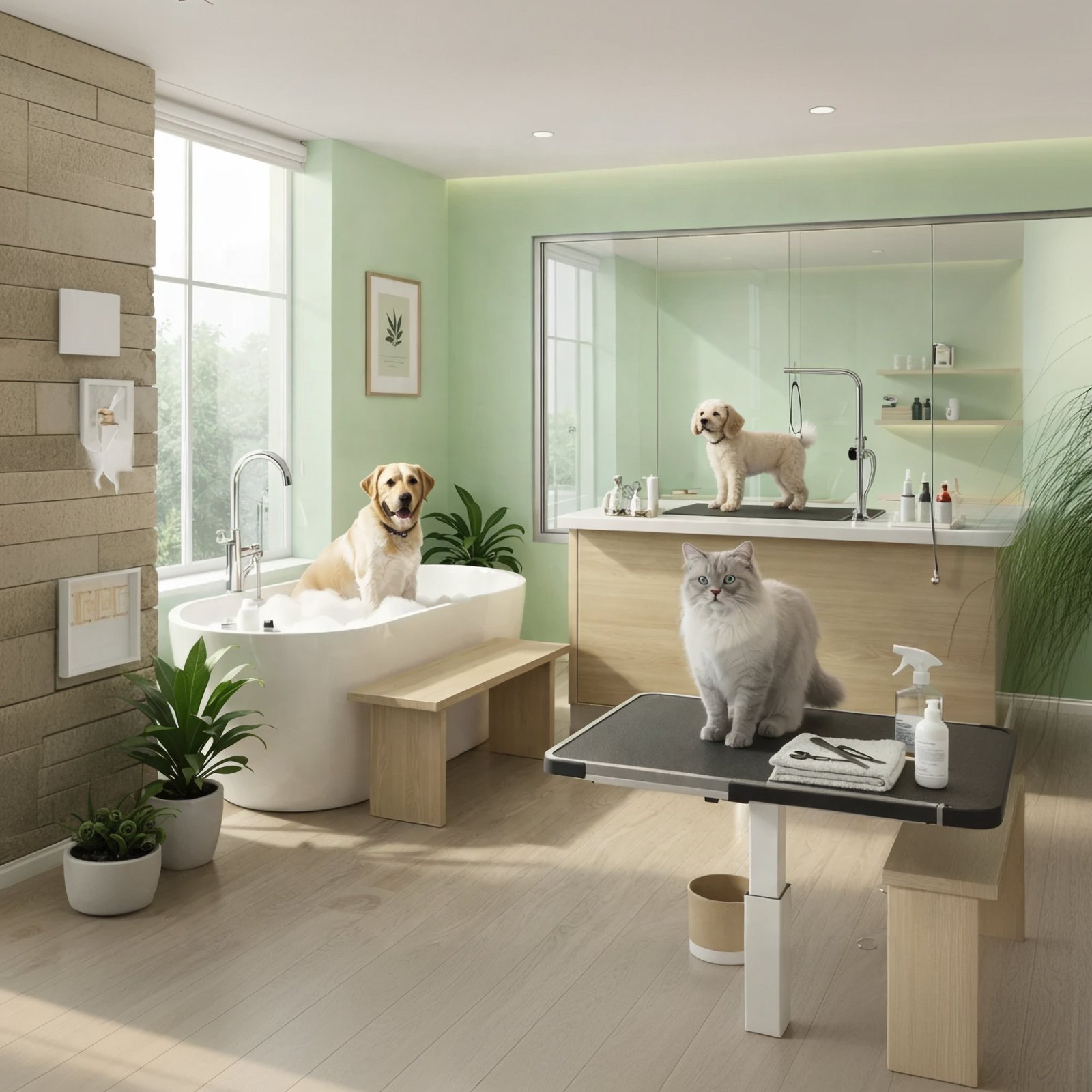 A calm, spa-like grooming room — a golden retriever in a soaking tub, a small dog on a grooming table, and a relaxed cat nearby.