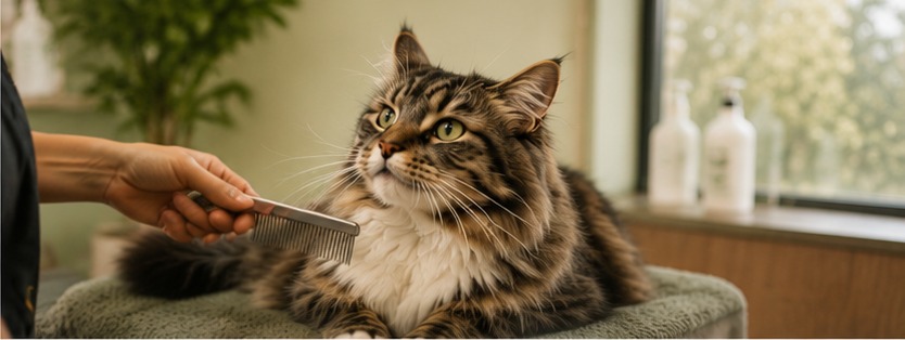 A groomer gently combing a fluffy cat during a spa day at Bark & Purr in Allen, TX.