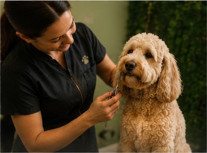 A Bark & Purr groomer trimming a doodle with care and precision.