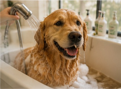A golden retriever enjoying a warm bath at Bark & Purr in Allen, TX.