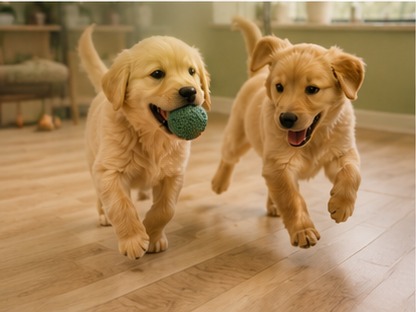 Two happy golden retriever puppies playing at Bark & Purr in Allen, TX.